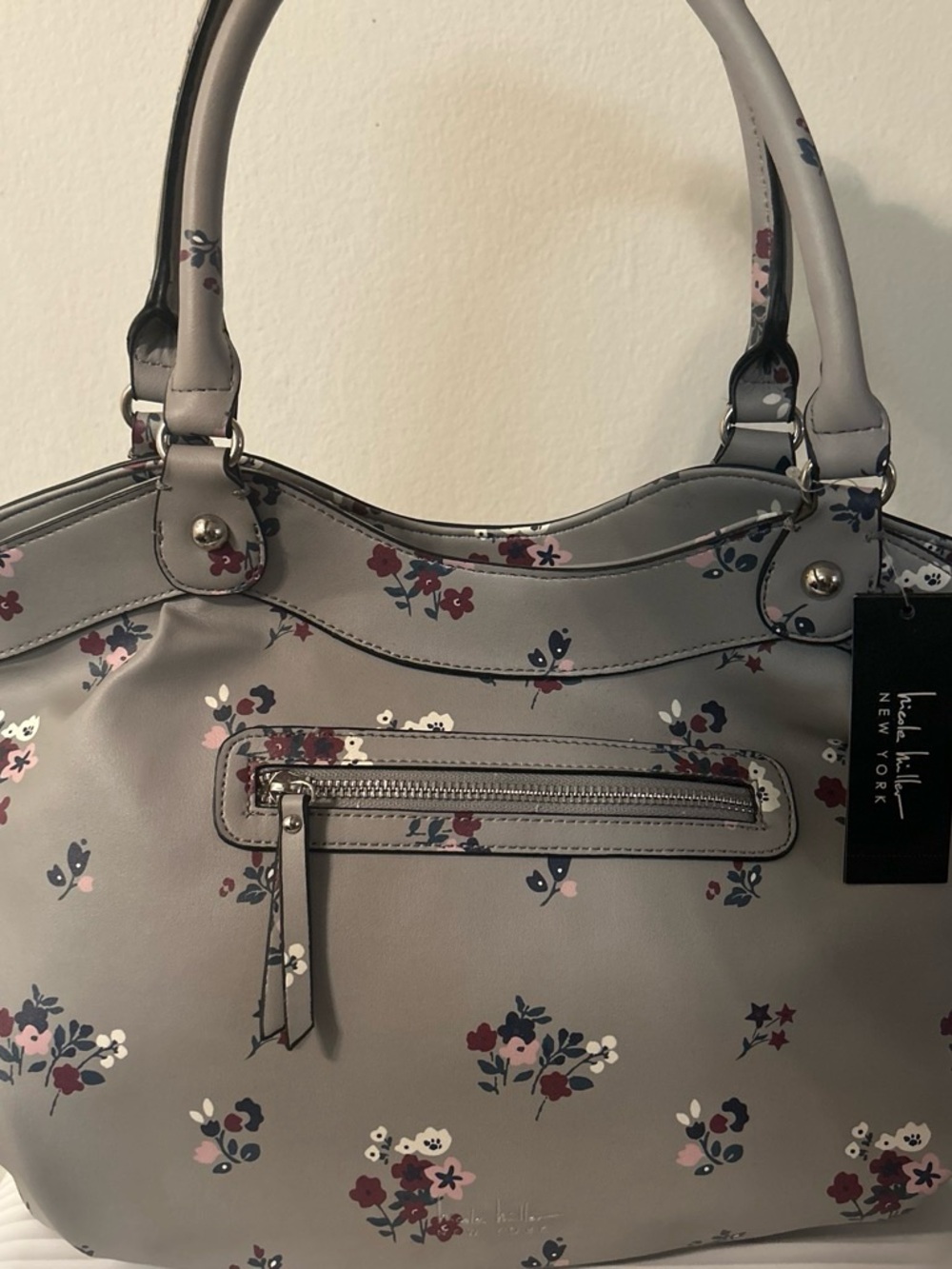 Nicole Miller Gray Floral Shoulder Bag with Pink & Blue Accents